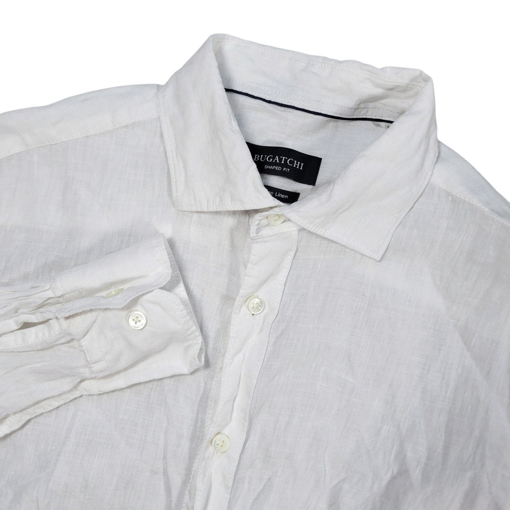 Bugatchi Shirt Mens M White 100% Linen Shaped Fit Button Up Long Sleeve Summer